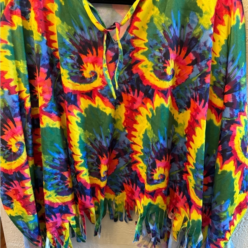 Vibrant Tie-Dye Fringe Top Hippie Costume Cape - Picture 5 of 11
